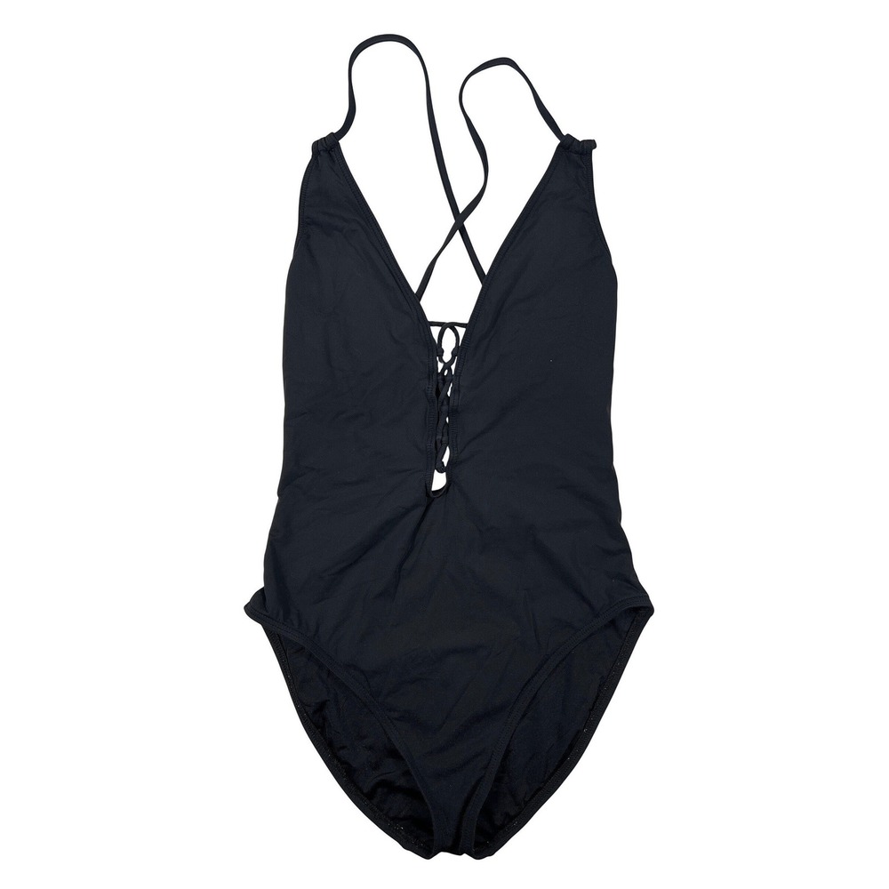 La Blanca Womens Black Lace Up V-Neck One Piece Swimsuit Size 8